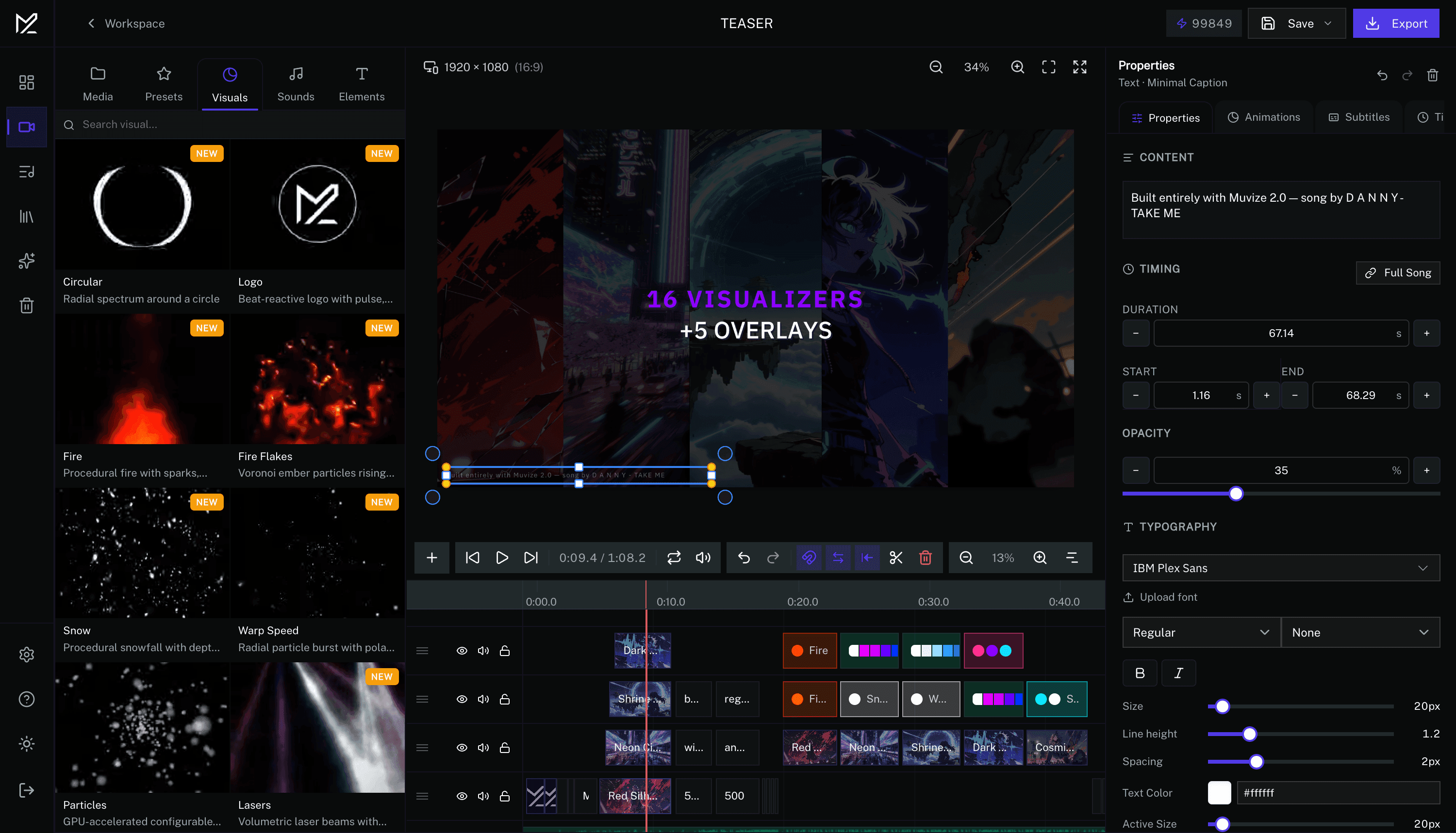 Muvize Music Visualizer Studio interface showing timeline editor, audio visualizer, and video preview